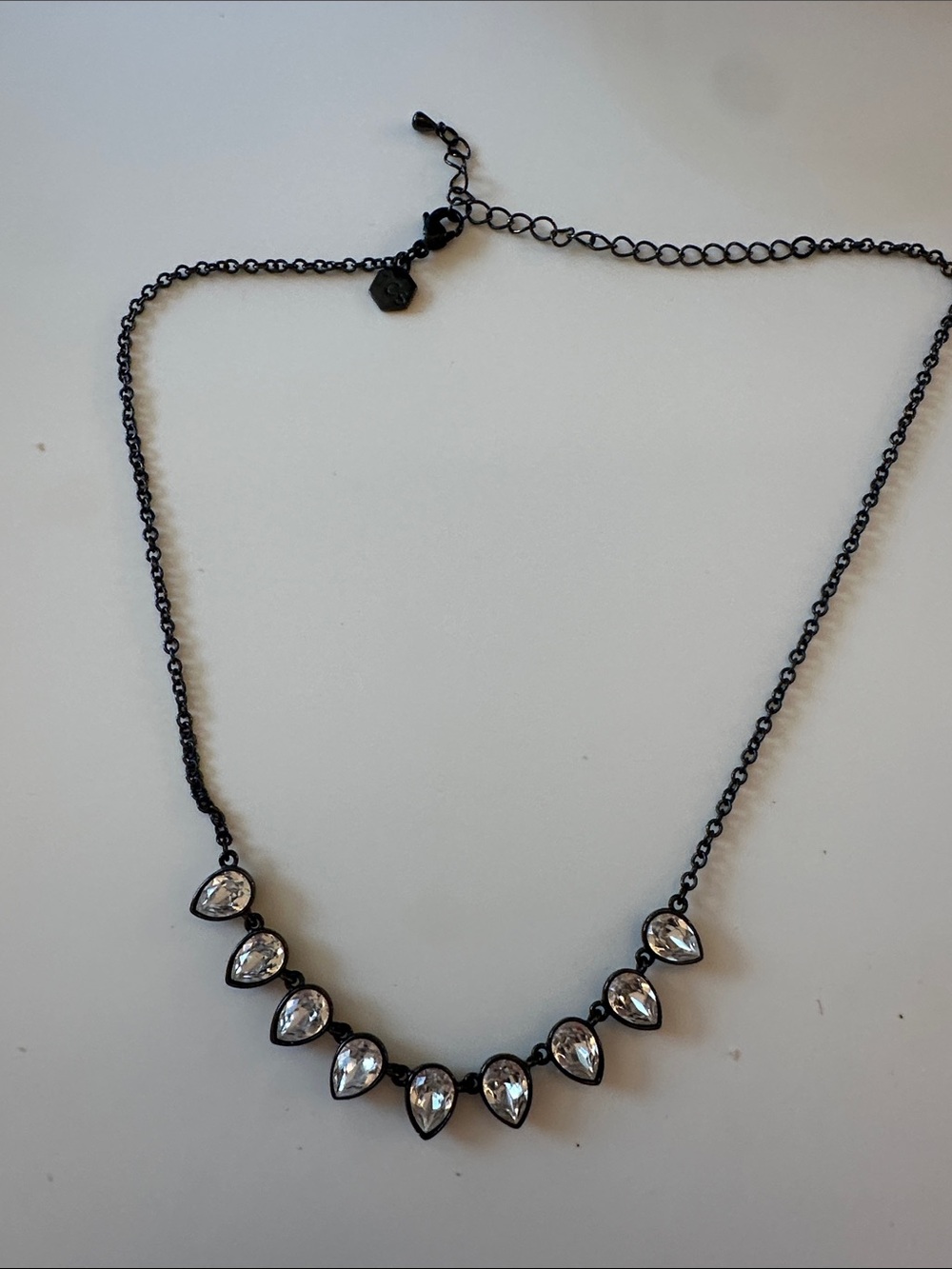 Touchstone Crystal Black Chain Necklace with Clear Teardrop Crystals